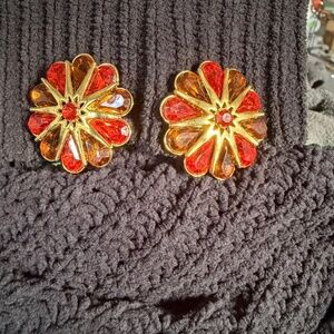 Vintage 60’s 70’s clip on earrings Gold Tone with Orange and Amber Rhinestones
